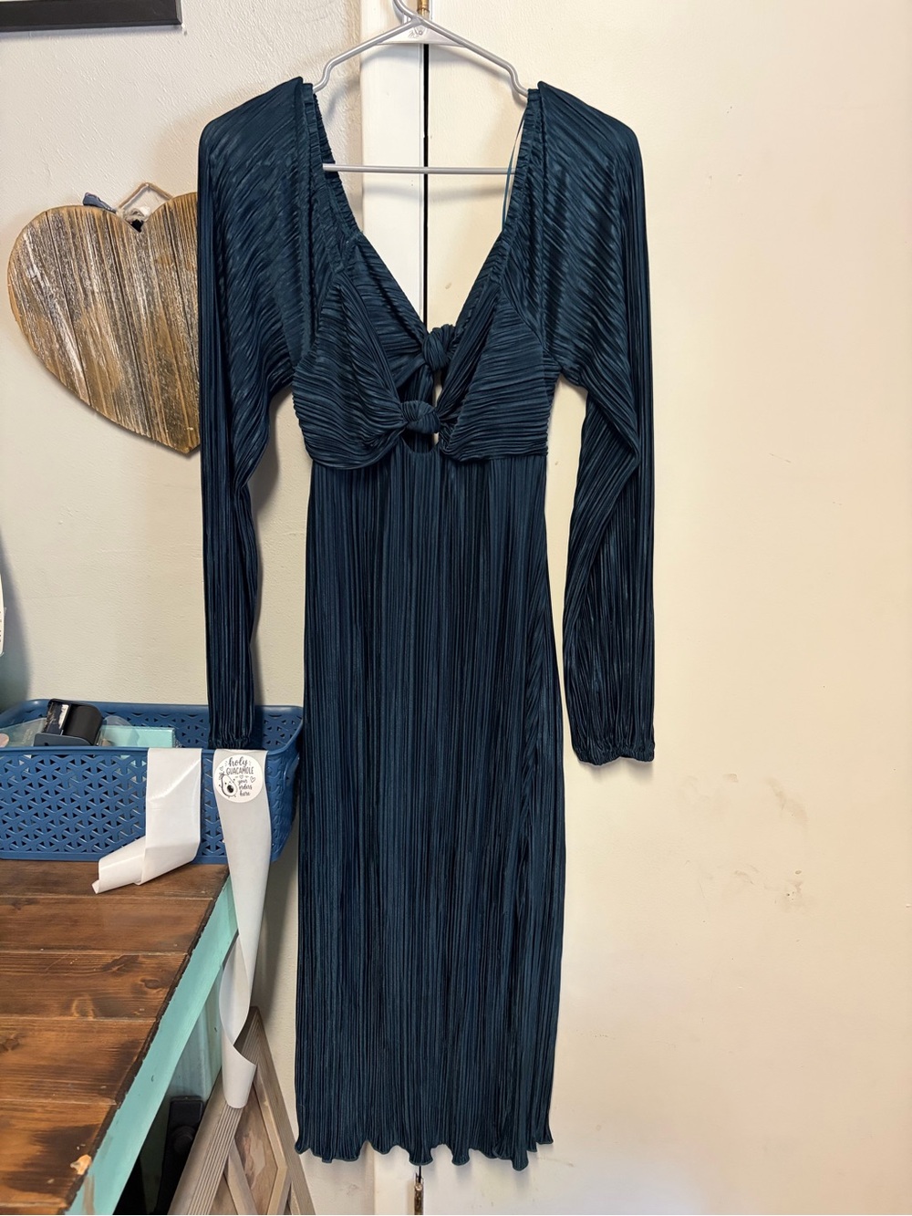 Gilli Dark Teal Long-Sleeve Knot-Front Midi Dress